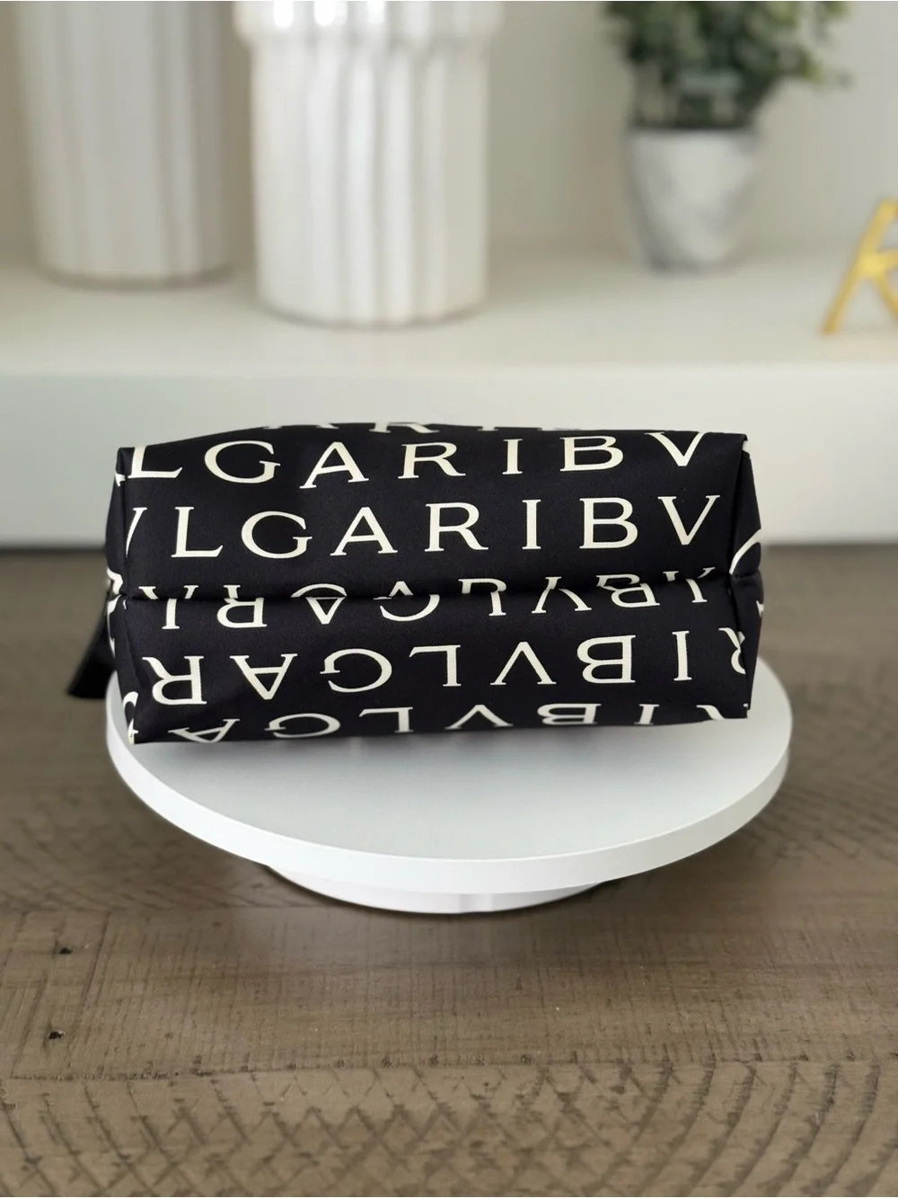 BVLGARI Black & White Logo Print Pouch with box